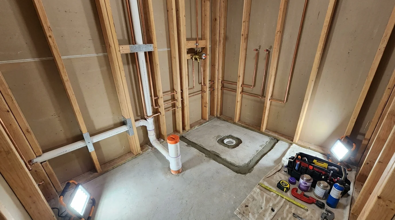 Bathroom rough-in plumbing during remodel by Johns Plumbing LLC in Rio Grande City