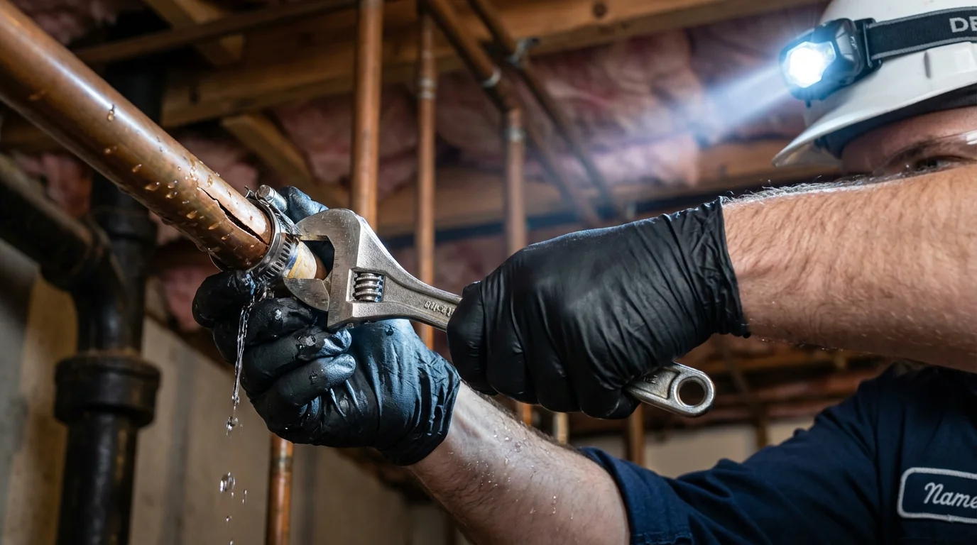 Emergency pipe clamp repair being performed by a Johns Plumbing LLC plumber in Rio Grande City