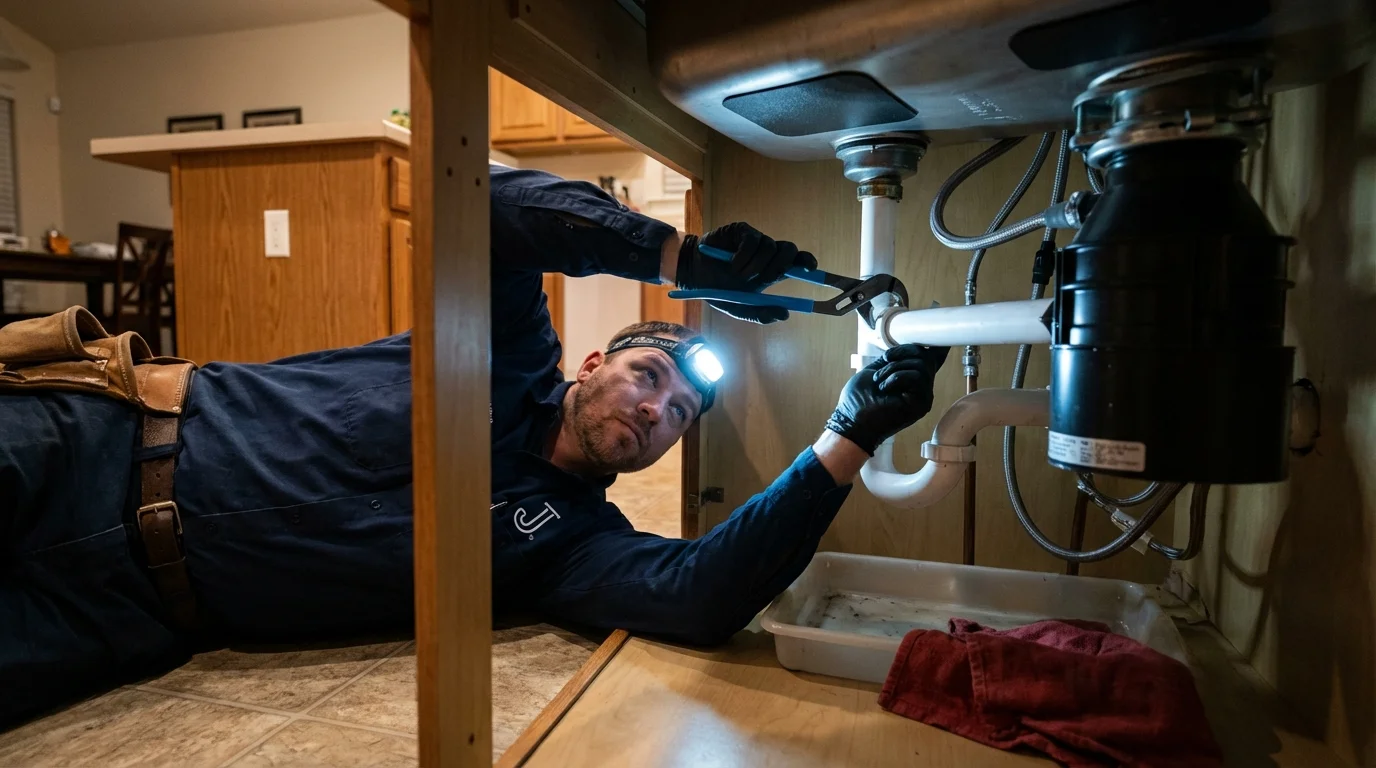 P-trap and supply line connections under a kitchen sink showing a common leak point in Rio Grande City, TX